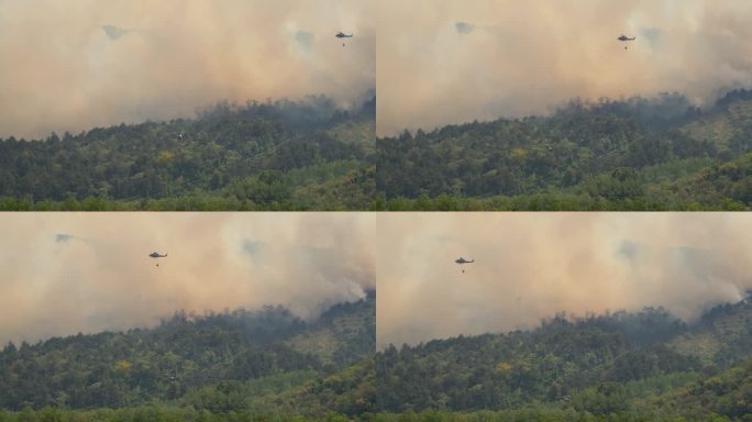 森林火灾直升机救火洒水森林大火熄灭
