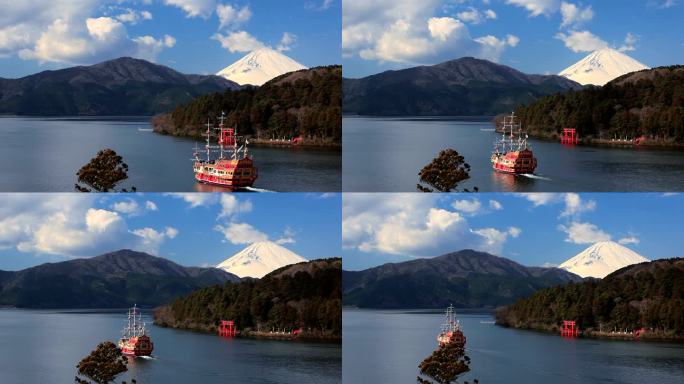 日本箱根国家公园富士山和阿什湖。