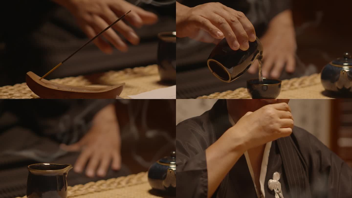 日本人喝茶日式茶艺清茶武士服禅香香炉意境