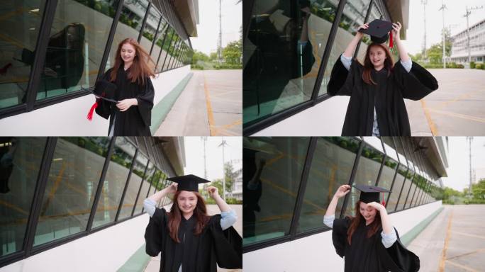 年轻快乐微笑的少女在校园里欢笑和散步，庆祝毕业