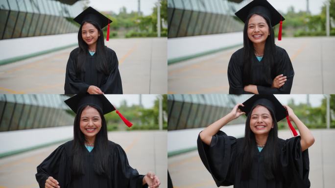 年轻快乐的亚洲少女一边庆祝毕业，一边看着镜头笑着