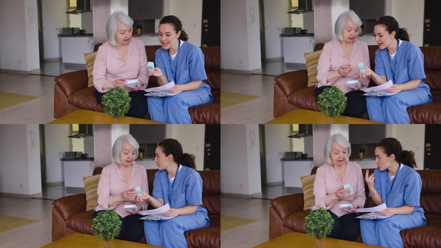 上门拜访时，女医生将处方药递给家中的老年妇女