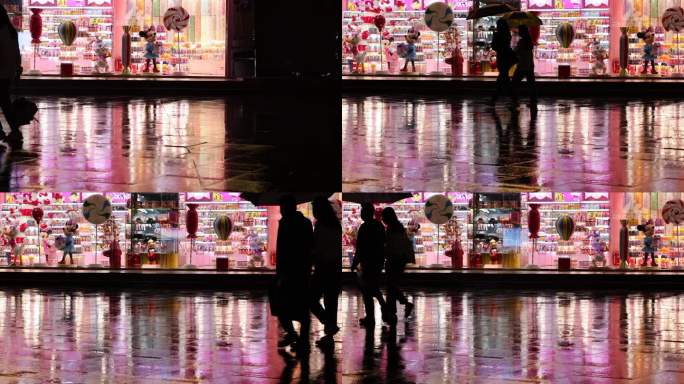 城市街道 情侣打伞步行街