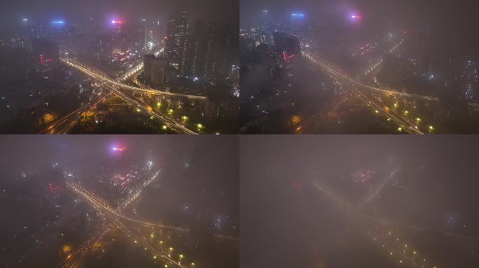 航拍雨雾中的广州cbd道路中山一立交桥
