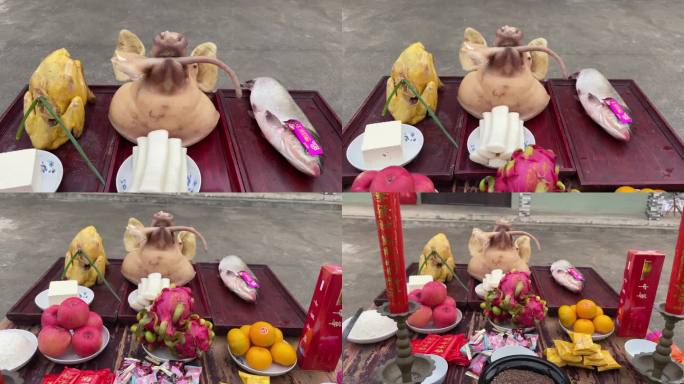 江南农村传统祭祀祭祖贡品祭品猪头鱼鸡水果