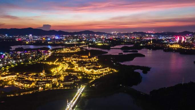 4K东莞松山湖华为小镇夜景风光航拍延时