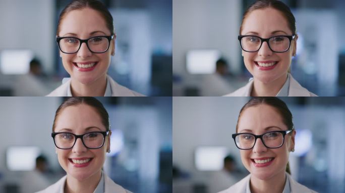 一位戴着眼镜和制服的微笑女技师的特写镜头。研究实验室里快乐的科学家高加索专业人士大笑