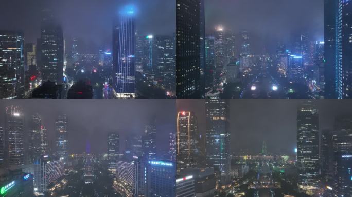 航拍雨雾中的广州中轴线花城汇