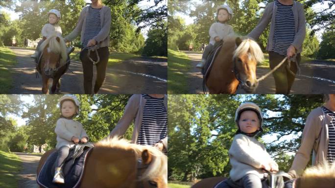 妈妈和女儿骑着小马