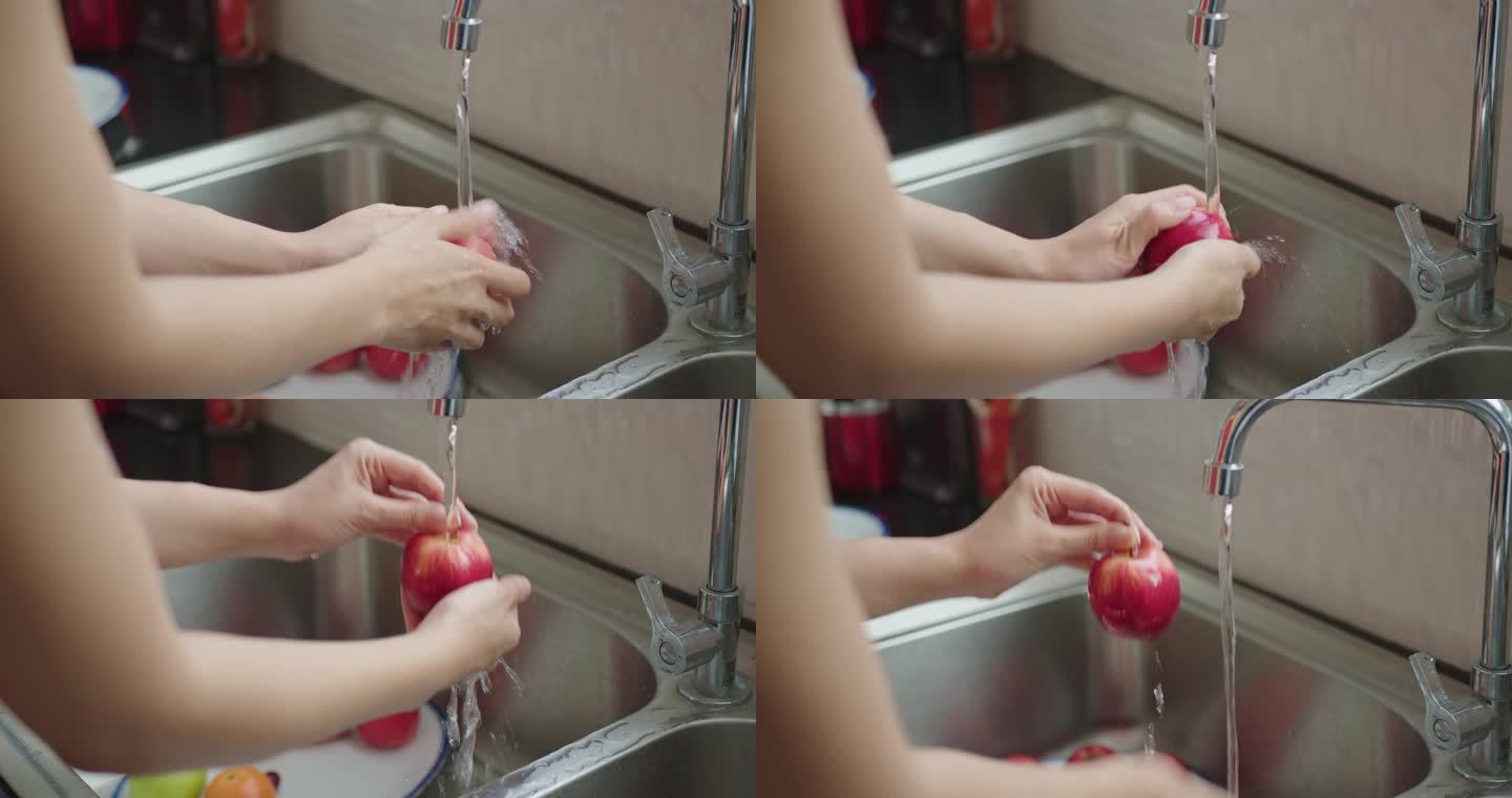 亚洲妇女洗水果4k特写镜头清洁冲洗水龙头