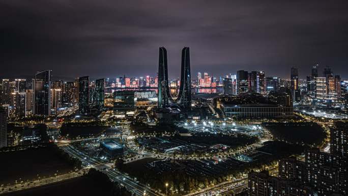 4K航拍杭州之门夜景延时