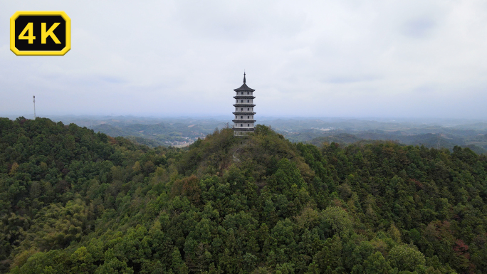 阴天乌云下的宝塔航拍仙庾岭古塔古寺