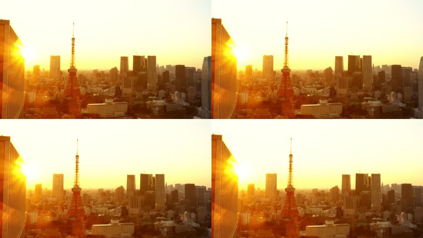 4k：黄金时间日落的东京塔。日本