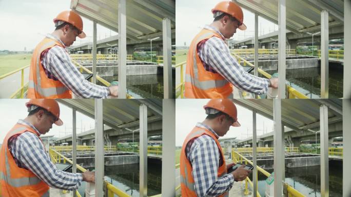 亚洲男工程师身穿反光背心，头戴头盔，检查一家工业厂的污水处理池。工程师检查电磁控制面板