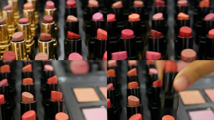 亚洲女性购买口红商场排列整齐口红化妆品柜