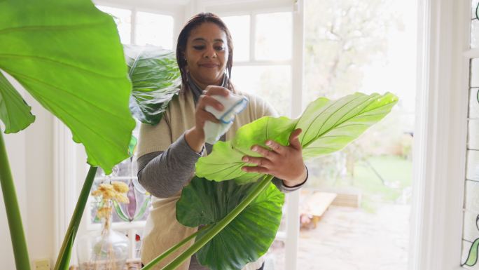 妇女用布掸植物叶子