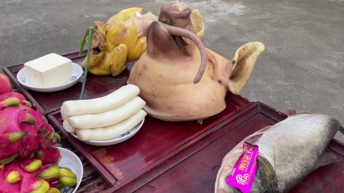 江南农村传统祭祀祭祖祭品贡品猪头鱼鸡年糕