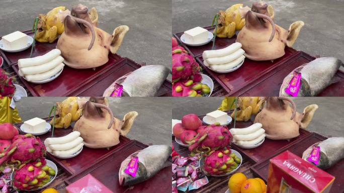 江南农村传统祭祀祭祖祭品贡品猪头鱼鸡年糕