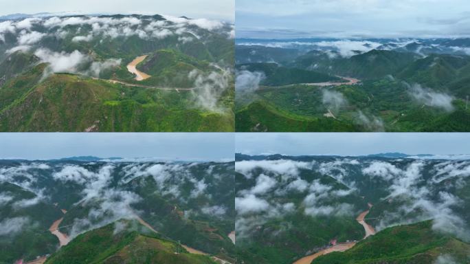 大山里的洛河河道群山山顶云海