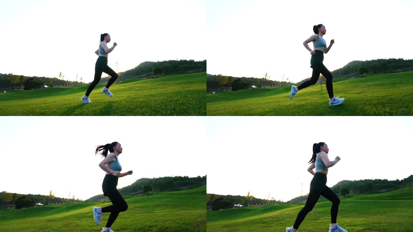 女青年阳光草地奔跑户外新鲜空气运动健康