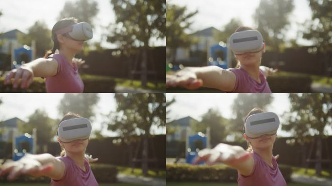 年轻女性戴着VR耳机锻炼