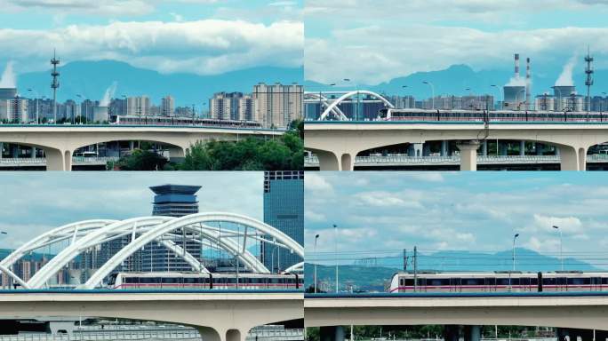 航拍西安浐灞广运大桥行驶中的地铁