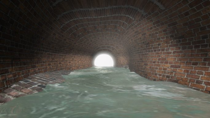 下水道隧道，末端有灯