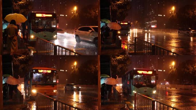 深圳城市交通雨天等公交车上下乘客
