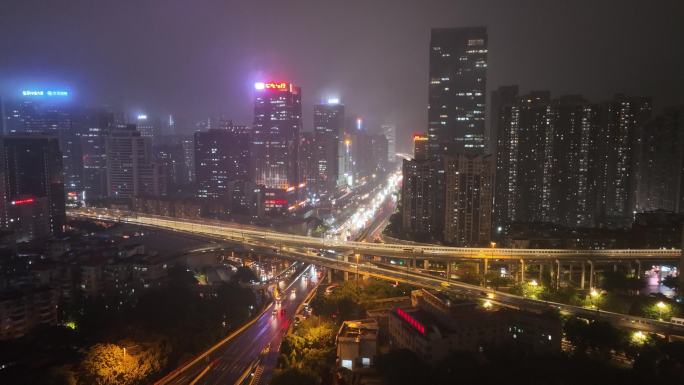 航拍雨雾中的广州cbd道路中山一立交