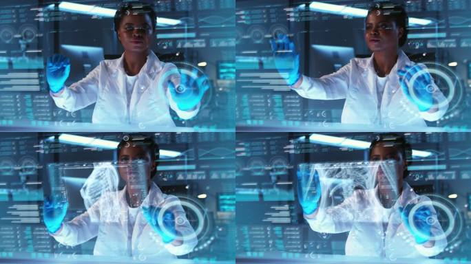 一位年轻的女科学家在现代实验室里戴着手套用手触摸数字网络接口