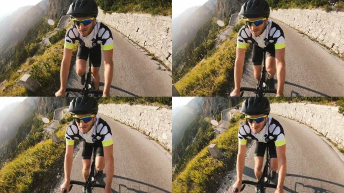 日落时分，在山口公路上骑行的公路自行车运动员，动作镜头