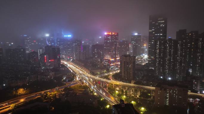 航拍雨雾中的广州cbd道路中山一立交桥