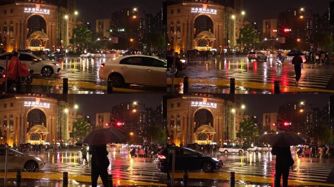深圳城市交通下雨晚上打雨伞过马路行人
