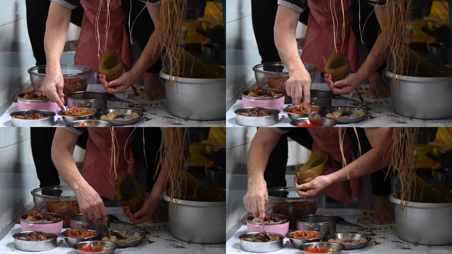 一位亚洲华裔资深女性在厨房里准备粽子饺子，放入配料并包装，为端午节做准备