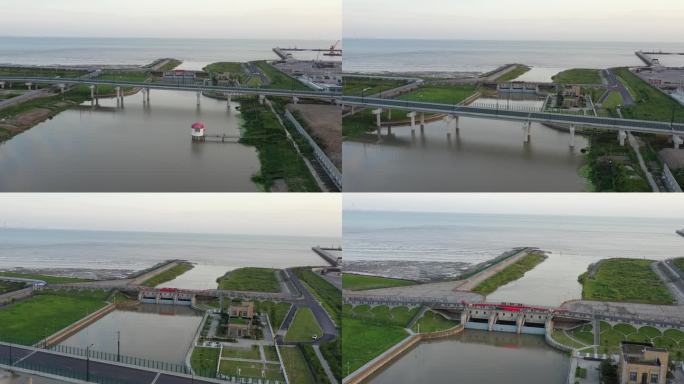 4K原素材-航拍上海芦潮港水闸