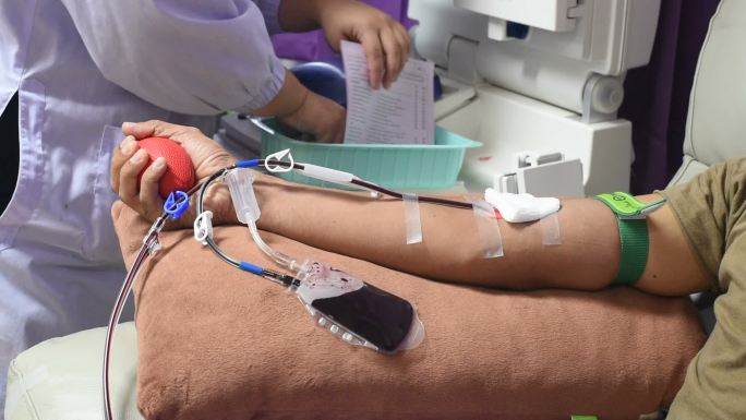 护士在医院进行单捐献者血小板采血时，从年轻人身上采集血样。