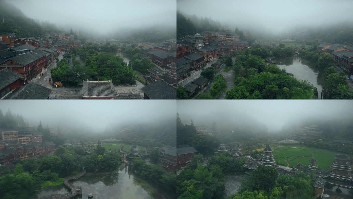 中国贵州省肇兴侗族村落清晨鸟瞰图