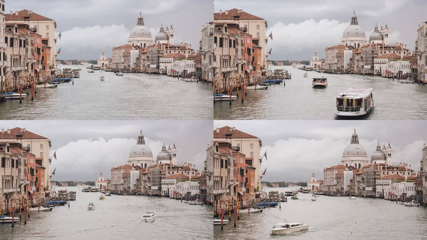 意大利威尼斯的大运河和大教堂时光流逝