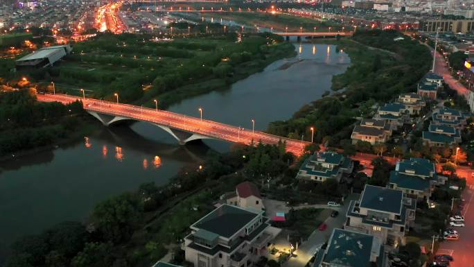 义乌江滨绿廊园林景观夜景航拍