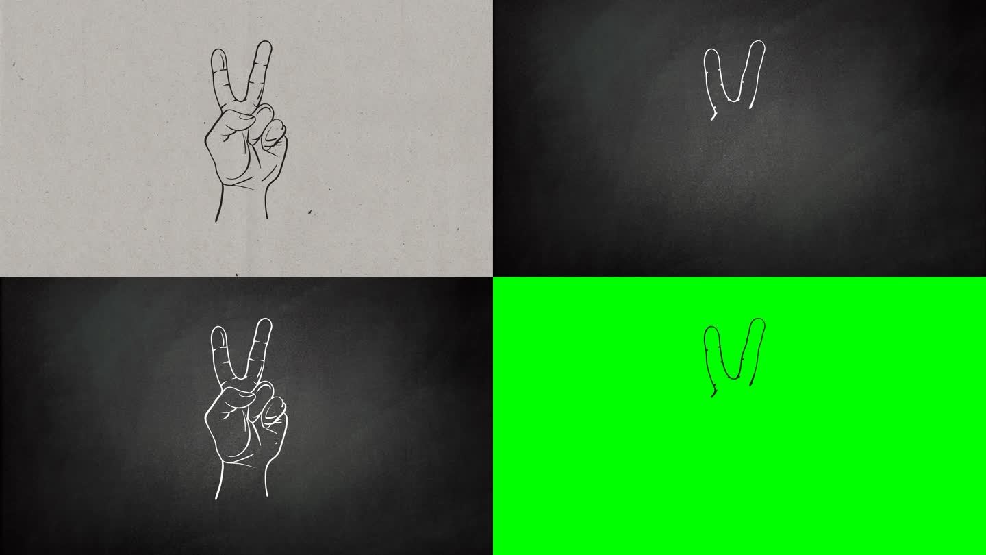 手绘和平与胜利标志的手的4k视频，在3种不同的背景上绘制草图，纸背景、黑板背景和绿色屏幕背景