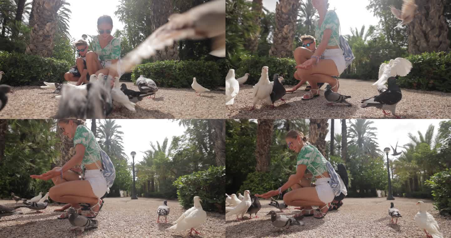在埃尔切的公园里，十几岁的孩子在喂鸽子