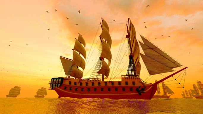 朝霞下大海行进的古代帆船