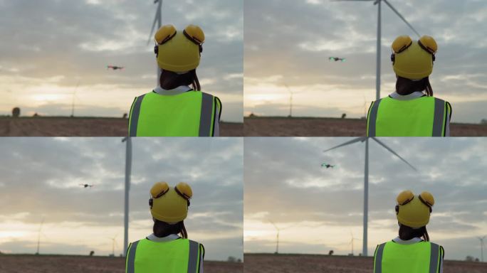与无人机合作的工程师在风力发电场检查风车，绿色能源概念。