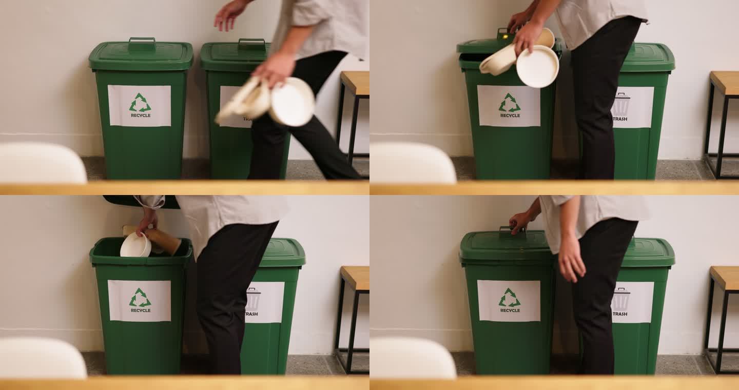商业环境友好可回收垃圾分类男人倒垃圾桶