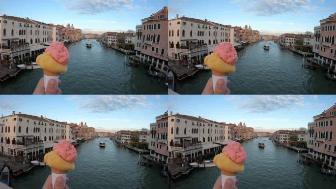 意大利威尼斯大运河手持冰淇淋的视角