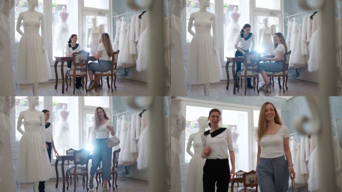 新娘选择婚纱白色、幸福、女性