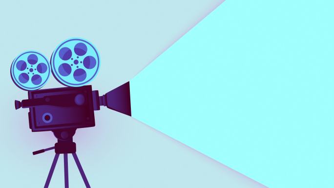 复古软蓝色电影摄影机和电影杂志动画背景视频-35mm电影摄影机动画