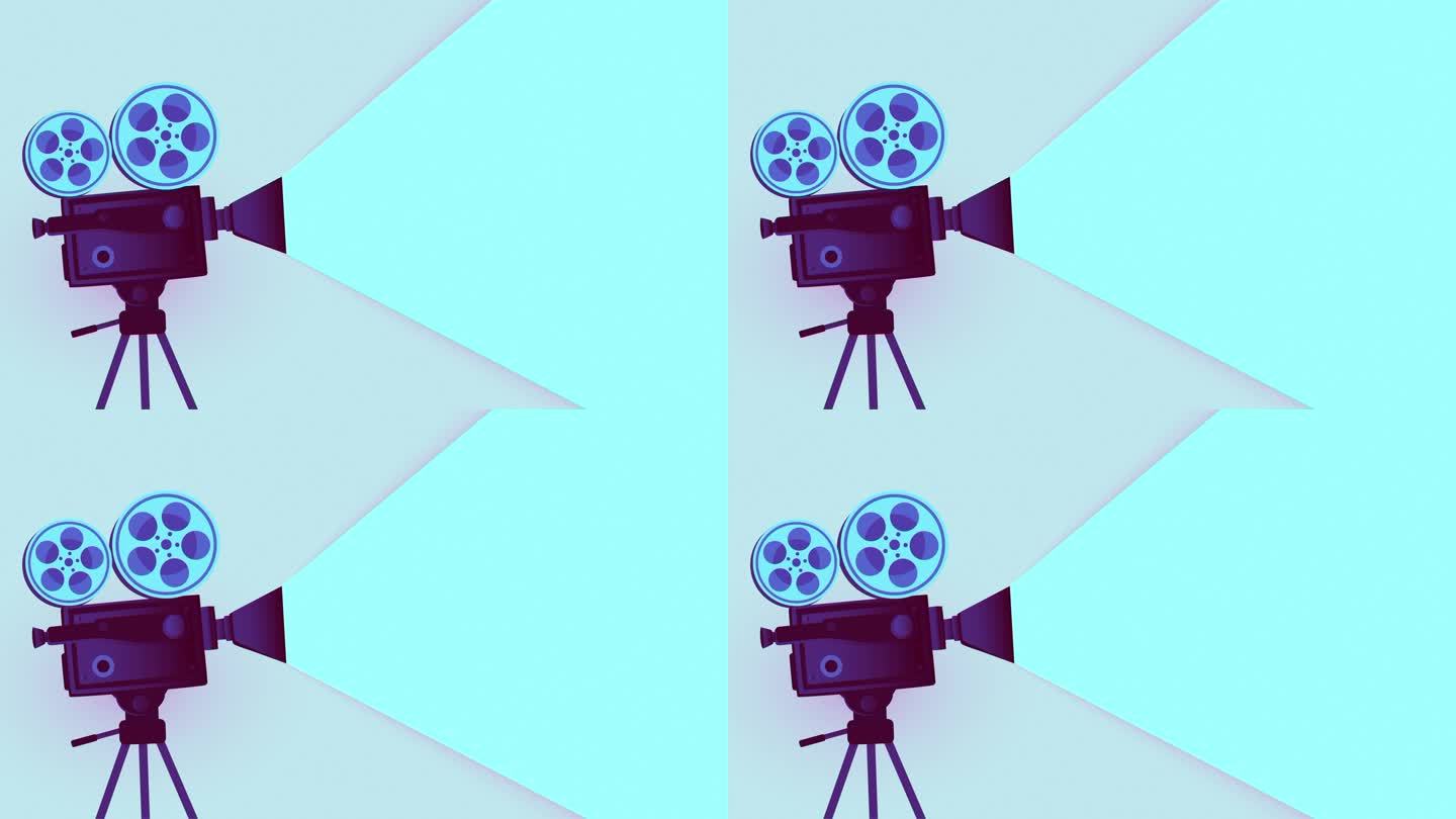 复古软蓝色电影摄影机和电影杂志动画背景视频-35mm电影摄影机动画