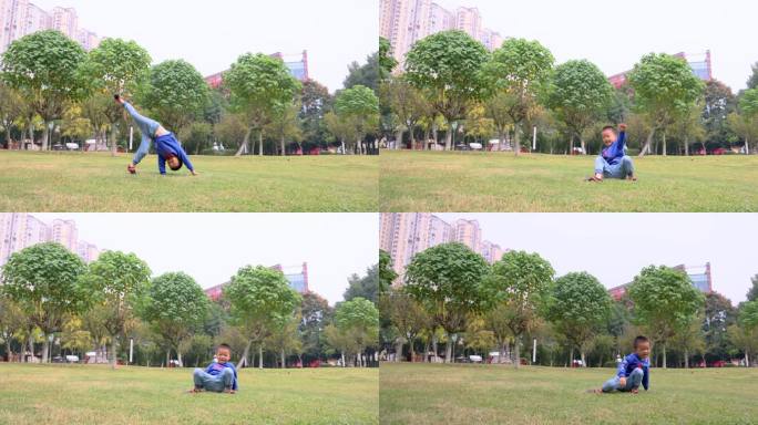 小男孩在公园练习倒立侧空翻