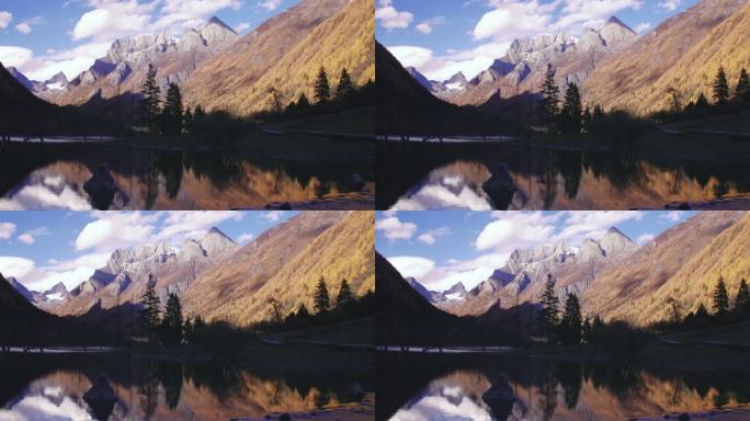 川西四姑娘山秋季美景蓝天白云山谷湖水